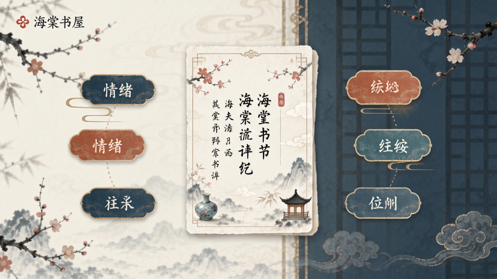 海棠书屋应用主界面,古风淡雅风格,中央展示诗词卡片,周围环绕情绪标签按钮,布局简洁,排版清晰,中国风配色,细节精致,高清画质,干净无多余元素