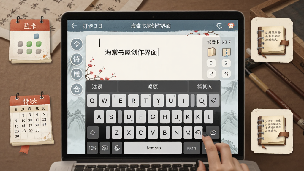 海棠书屋创作界面,用户正在输入诗句,屏幕显示键盘与诗词格律提示,周围有打卡日历和摘抄本图标,古风UI设计,画质清晰,干净整洁