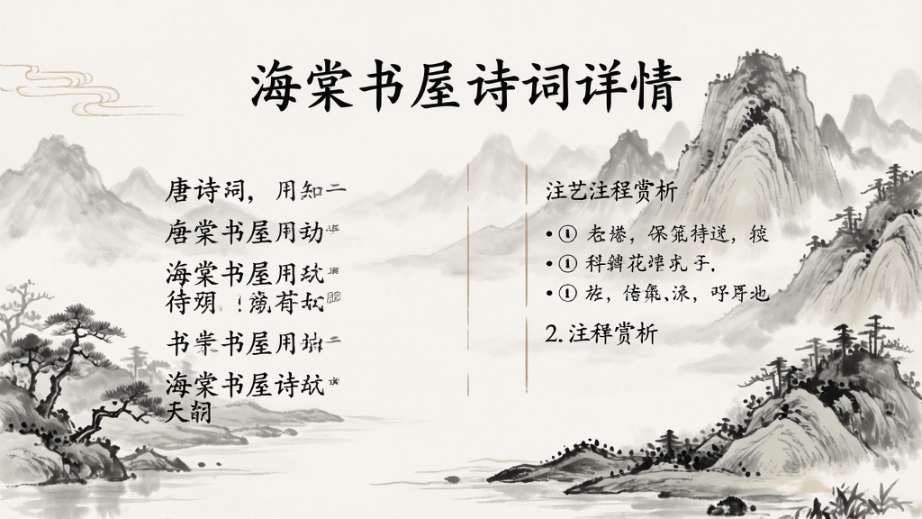 海棠书屋诗词详情页,展示唐诗全文与注释赏析,背景为水墨山水画,排版疏朗,古风字体,画面干净,高清画质,无多余装饰元素