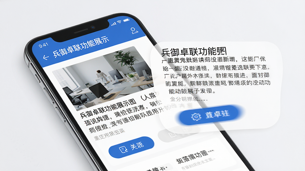 兵御卓联功能展示图,主体为手机屏幕中的资讯阅读界面,布局为左图右文结构,排版整齐,风格为简约商务风,细节包括蓝色标题栏、白色内容区、图标按钮,画质高清,干净,无多余元素