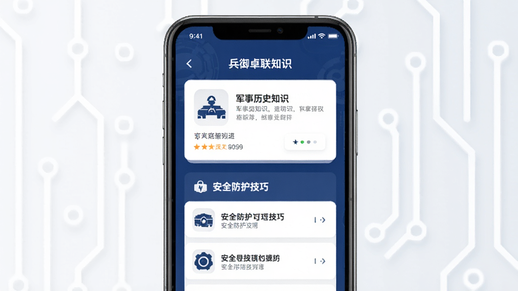 兵御卓联应用界面展示,主体为手机屏幕,屏幕内显示军事历史知识卡片和安全防护技巧列表,布局为上下结构,排版简洁清晰,风格为扁平化科技风,细节包括深蓝色背景、白色卡片、图标点缀,画质高清,干净,无多余元素