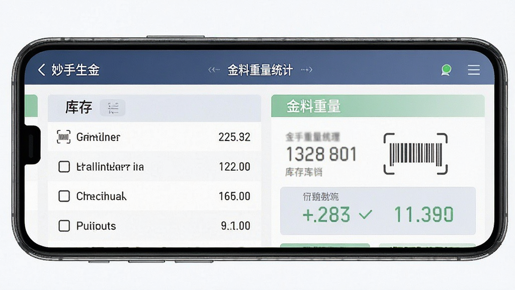 手机屏幕显示妙手生金库存管理界面,主体为库存列表与金料重量统计,布局上下结构,排版简洁,风格为现代商务,细节包含条码扫描图标和库存数字,画质清晰,干净,无多余元素