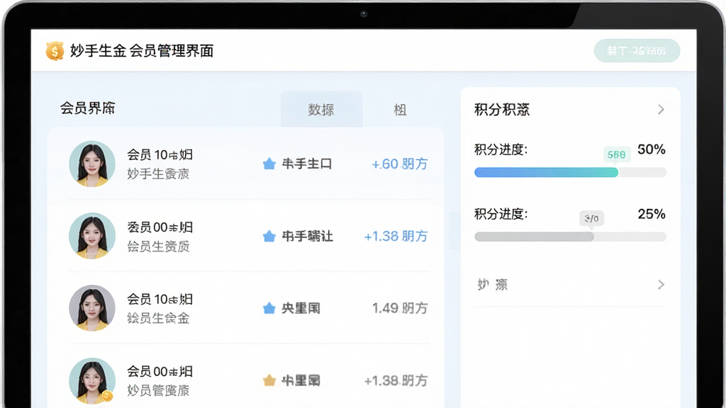 妙手生金会员管理界面,主体为会员列表与积分进度条,布局左右分栏,排版清晰,风格为清新浅色,细节包含会员头像和积分数字,画质干净,无多余元素