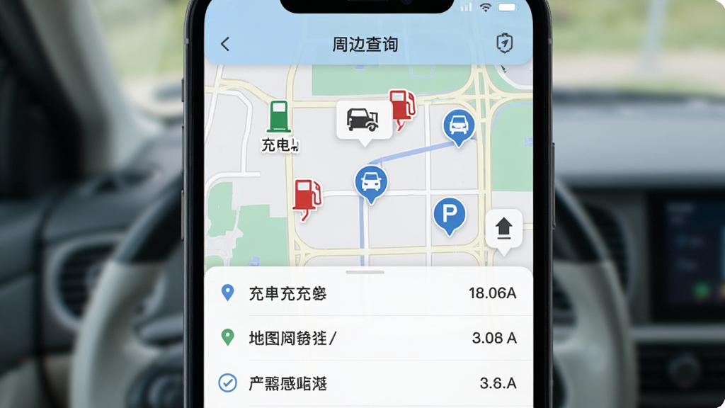 ��ͼ��������ͨ�ܱ߲�ѯҳ�棬��ͼ����ʾ���վ������վ��ͣ����ͼ�꣬�ײ��б�չʾ�ص���������룬����ǳɫ��񣬲������������廭��