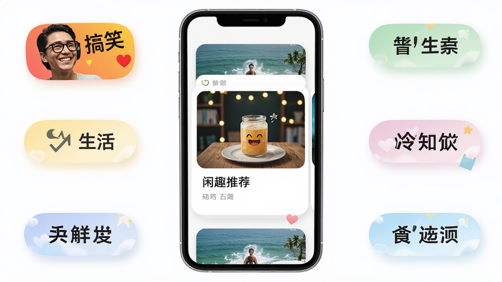 闲趣看点软件界面展示,手机屏幕中央显示图文推荐卡片,四周环绕搞笑、生活、冷知识等分类标签,主体为一部智能手机,布局居中,排版简洁,风格清新明快,细节包含圆角图标和柔和阴影,画质清晰,干净,无多余元素