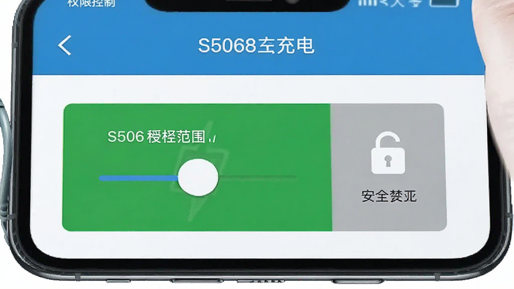 手机屏幕展示S506程控充电的权限控制界面,主体为医生授权范围滑块与安全锁图标,布局分上下区域,排版整齐,风格为专业医疗软件风格,细节包含绿色安全区域和灰色禁止区域,画质清晰,干净,无多余元素