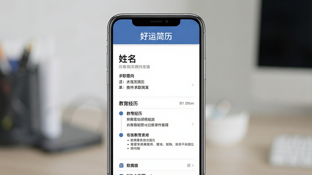 好运简历应用界面展示,主体为手机屏幕中显示简约风格简历模板,布局为上下结构,上方标题栏写“好运简历”,下方为简历内容预览,排版整洁清晰,风格为现代简约商务风,细节包括姓名、求职意向、教育经历等模块,画质高清,干净无多余元素