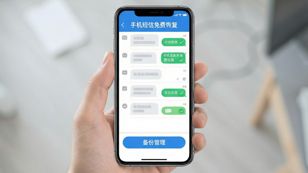 手机屏幕中央展示“手机短信免费恢复”应用界面,上方有短信列表,下方有备份管理按钮,布局简洁清晰,排版上下结构,风格为扁平化科技感,细节包括绿色对勾图标和短信气泡,画质高清,干净,无多余元素