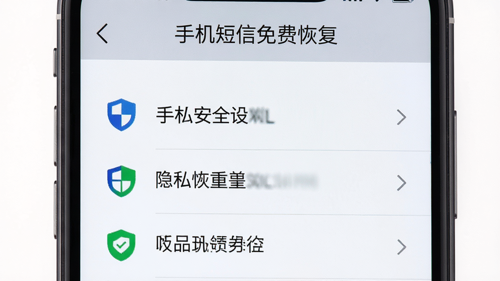 手机屏幕显示“手机短信免费恢复”的隐私安全设置页面,布局为列表式选项,排版清晰,风格为简约商务,细节包含盾牌图标和绿色安全标识,画质高清,干净,无多余元素