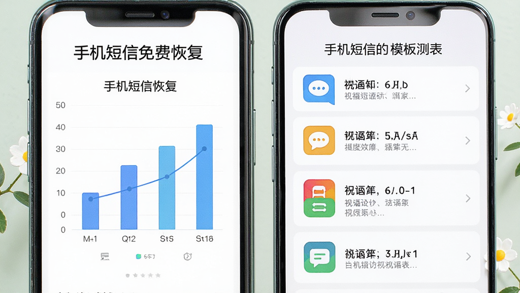 手机界面展示“手机短信免费恢复”的统计图表和祝福短信模板列表,布局为左侧图表右侧文字,排版整齐,风格清新简约,细节包含柱状图和彩色短信图标,画质高清,干净,无多余元素