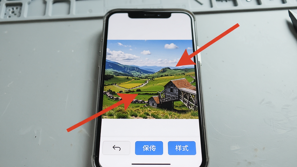 箭头随手画照片标注功能展示图,画面主体是一部手机,手机屏幕上显示一张风景照片,照片上有三个红色箭头分别指向不同的景物,箭头线条平直规范,手机下方有工具栏显示撤销、保存、样式按钮,背景为浅灰色工作台面,整体风格真实自然,画质清晰,无杂乱元素