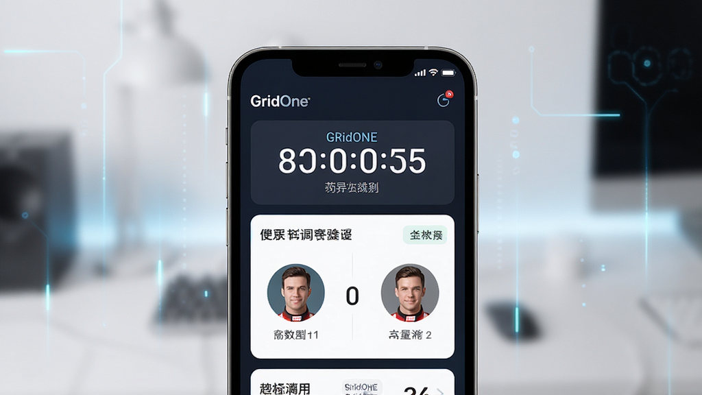 GridOne 应用主界面展示,主体为手机屏幕,布局居中,排版简洁,风格现代科技感,细节包含赛程倒计时和车手头像,画质清晰,干净,无多余元素
