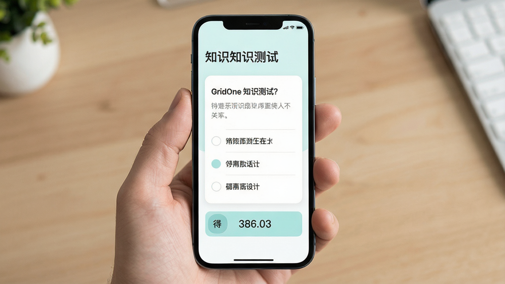 GridOne 知识测试页面,主体为手机屏幕,布局上下结构,排版清晰,风格清新浅色,细节包含题目选项和得分显示,画质清晰,干净,无多余元素