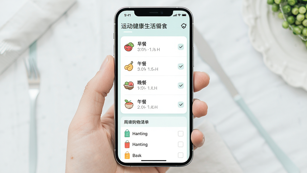 �˶������������ʳʱ������棬�ֻ���Ļ��ʾ���������ͼ�¼�б����·���һ�ܹ����嵥�������������У��Ű����룬�������ǳɫ��ϸ����ʳ��ͼ��͸�ѡ�򣬻����������ɾ����޶���Ԫ��