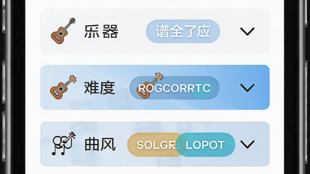 主体为谱全了应用的多条件筛选界面,布局为手机屏幕特写居中,排版展示乐器、难度、曲风三个筛选维度的下拉菜单,风格为扁平化UI设计,细节包括吉他、尤克里里图标和高亮选中的筛选标签,画质清晰干净无多余元素