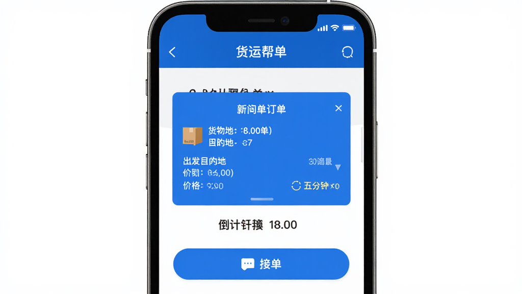���˰�APP˾���˽ӵ����棬�������ֻ���Ļ��ʾ�¶��������͵���ʱ������Ϊ�����������м䶩������ײ��ӵ���ť���Ű��࣬���Ϊ������ɫ����ϸ�ڰ���������Ϣ��������Ŀ�ĵء��۸��������Ӧ��ʶ�����ʸ���ɾ��޶���Ԫ��