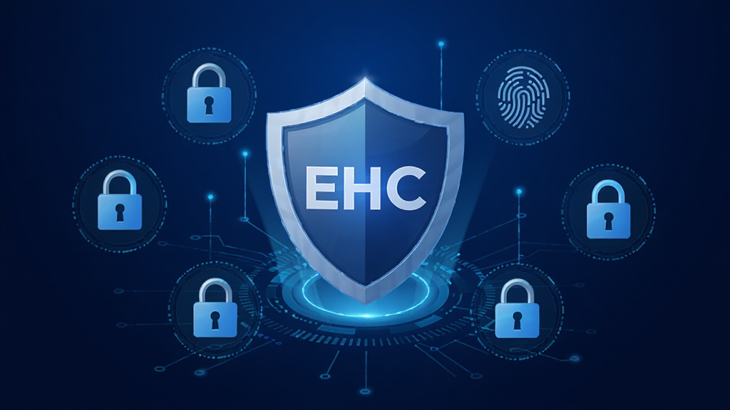 EHC软件安全防护示意图,盾牌图标居中,周围环绕锁、指纹、加密符号,深蓝色渐变背景,科技感强,干净无多余元素,高清画质
