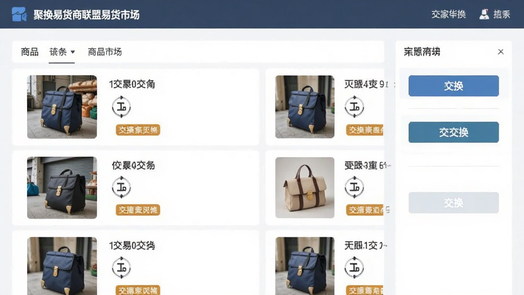 聚换易货商家联盟易货市场界面,主体为商品列表与交换按钮,布局左右分栏,排版整齐,风格清新商务,细节包含商品缩略图、交换箭头、门店标签,画质清晰干净无多余元素