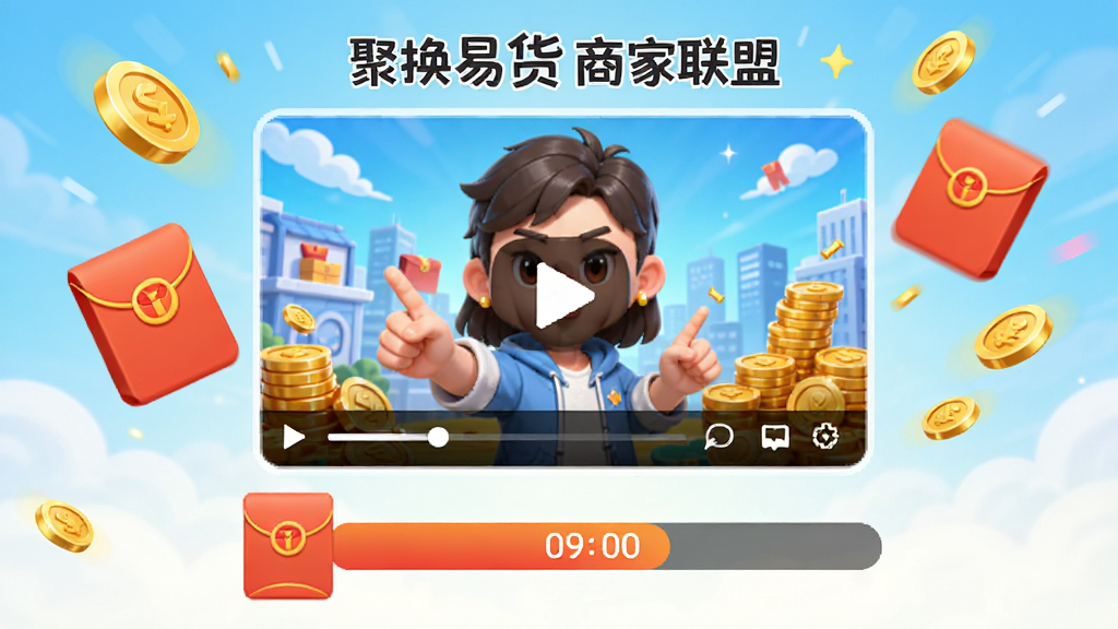 聚换易货商家联盟看视频得红包页面,主体为视频播放框与红包进度条,布局居中,排版活泼,风格明亮卡通,细节包含金币动画、红包图标、倒计时,画质高清干净无多余元素