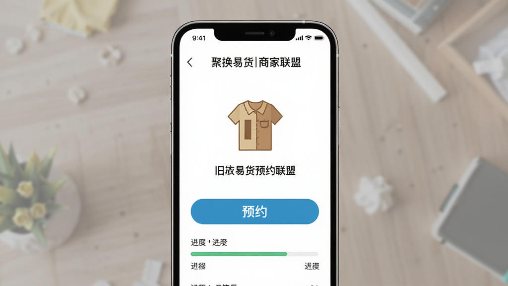 手机屏幕展示聚换易货商家联盟旧衣回收预约页面,主体是手机界面,布局为上下结构,排版清晰简洁,风格为现代扁平化设计,细节包含旧衣图标、预约按钮、进度条,画质高清干净无多余元素