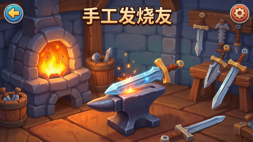 手工发烧友游戏主界面,卡通奇幻风格,铁匠铺场景,熔炉火焰明亮,铁砧上放着一把正在锻造的剑,周围摆放着各种武器,画面干净整洁,色彩鲜艳,无多余文字,高清画质