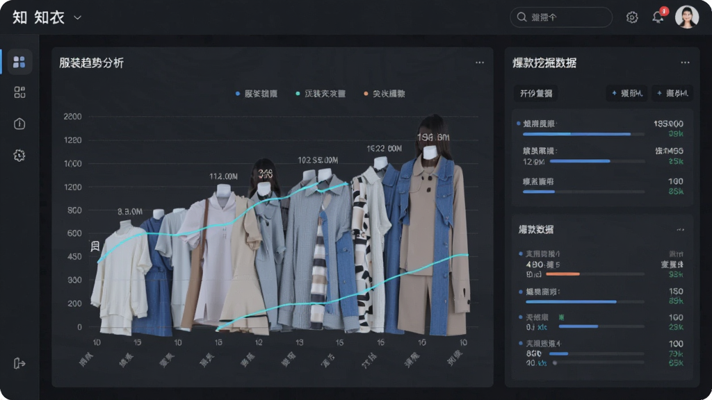 知衣软件界面截图,展示服装趋势分析图表与爆款挖掘数据面板,画面清晰,布局整洁,风格现代简约,细节丰富,画质高清,干净无多余元素