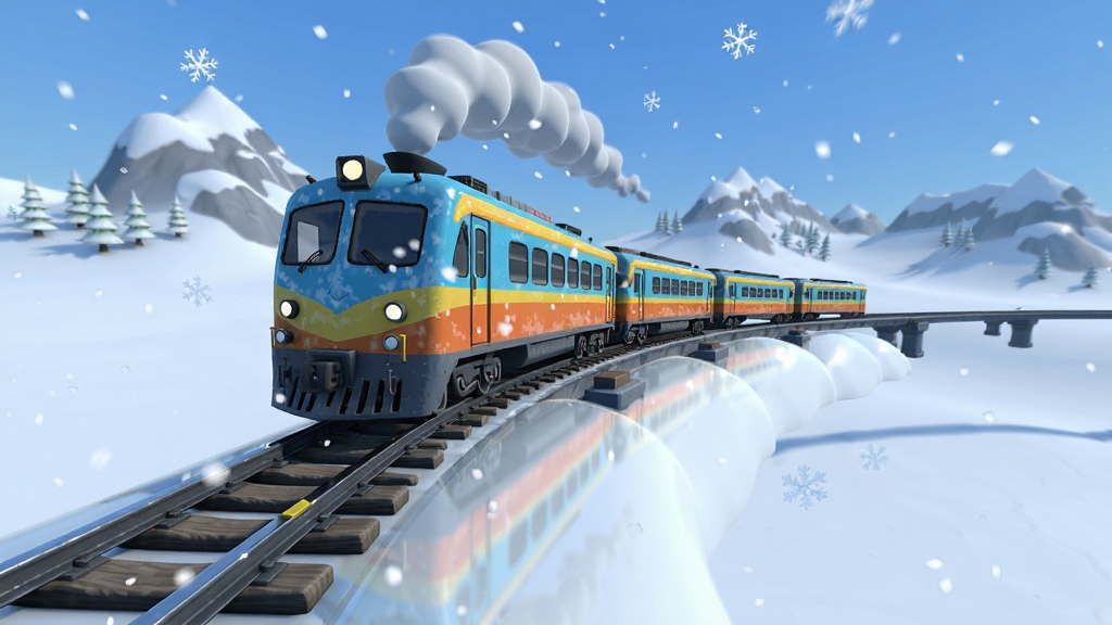 铁路司机:模拟游戏画面,主体为一辆彩色火车行驶在雪山雪原的高空悬浮轨道上,布局为远景雪山与近景轨道,排版横向构图,风格为3D卡通写实,细节包括雪花飘落与轨道反光,画质高清,干净,无多余元素