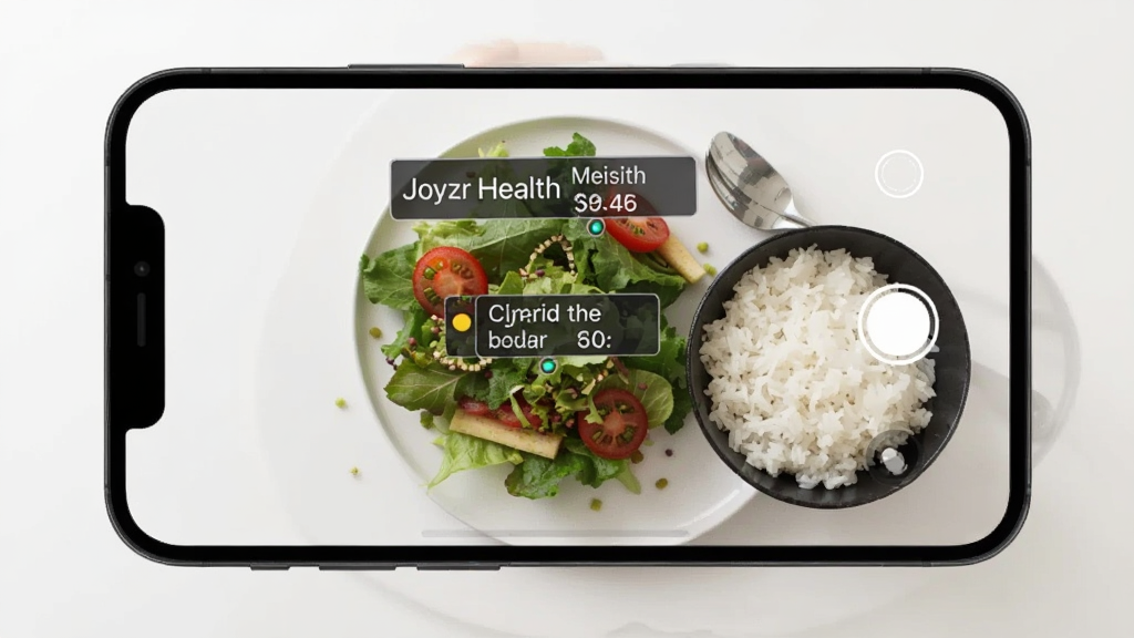 �ֻ���Ļ��ʾ Joyzr Health ����ʶ��ʳ����棬����������һ��ɳ����һ���׷���AI ʶ����ע��ʳ�����ƺͿ�·�����֣������ɾ��������ִ���Լ��񣬸��廭�ʣ��޶���Ԫ��