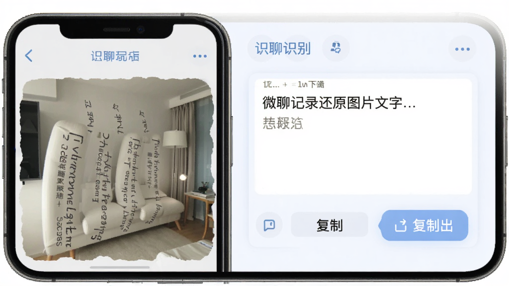 微聊记录还原图片文字提取功能,主体为手机屏幕显示一张带文字的图片和识别后的文本框,布局上下分栏,排版直观,风格清新浅色,细节包含识别按钮和复制导出选项,画质干净无多余元素