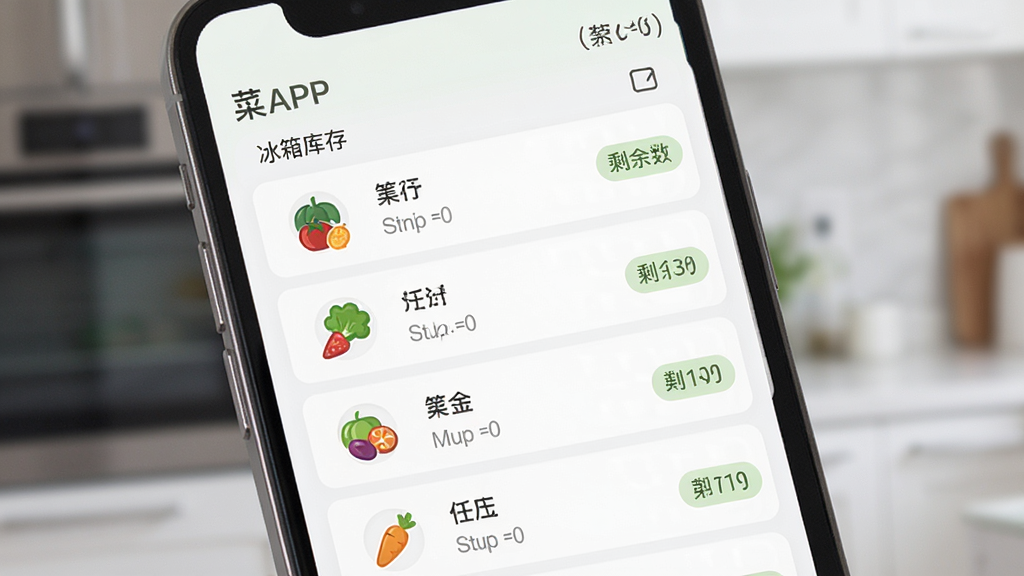 有菜APP界面展示,手机屏幕显示冰箱库存列表和剩余天数,布局清晰,排版整齐,风格简洁清新,细节包含食材图标和天数标签,画质高清,干净,无多余元素