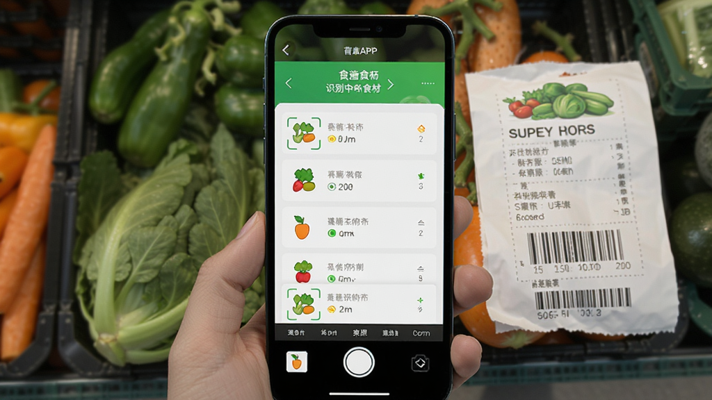 有菜APP拍照识别食材功能界面,手机摄像头对准蔬菜和超市小票,屏幕显示识别中的食材分类列表,布局居中,排版简洁,风格科技感,细节有识别框和食材图标,画质高清,干净,无多余元素