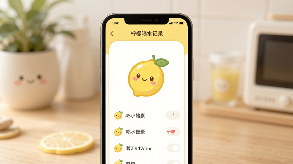 柠檬喝水软件界面截图,主体为手机屏幕展示喝水记录页面,布局为居中展示,排版清晰,风格温馨可爱,细节包括可爱的柠檬图标和柔和色彩,画质高清,干净,无多余元素