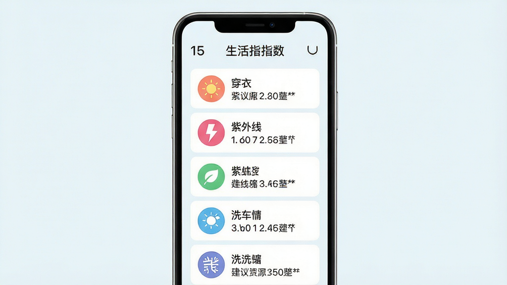15日天气查 生活指数页面展示,手机屏幕显示穿衣、紫外线、洗车等图标与建议文字,主体为手机界面,布局纵向排列,排版整齐,风格清新浅色,细节包含彩色小图标与文字说明,画质高清,干净,无多余元素