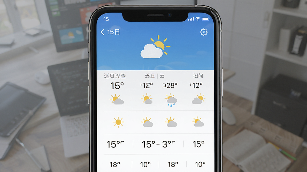 15日天气查 软件界面截图,手机屏幕展示15天天气列表与逐小时预报,主体为手机与天气图标,布局居中,排版清晰,风格简约商务,细节包含温度数字与天气小图标,画质高清,干净,无多余元素