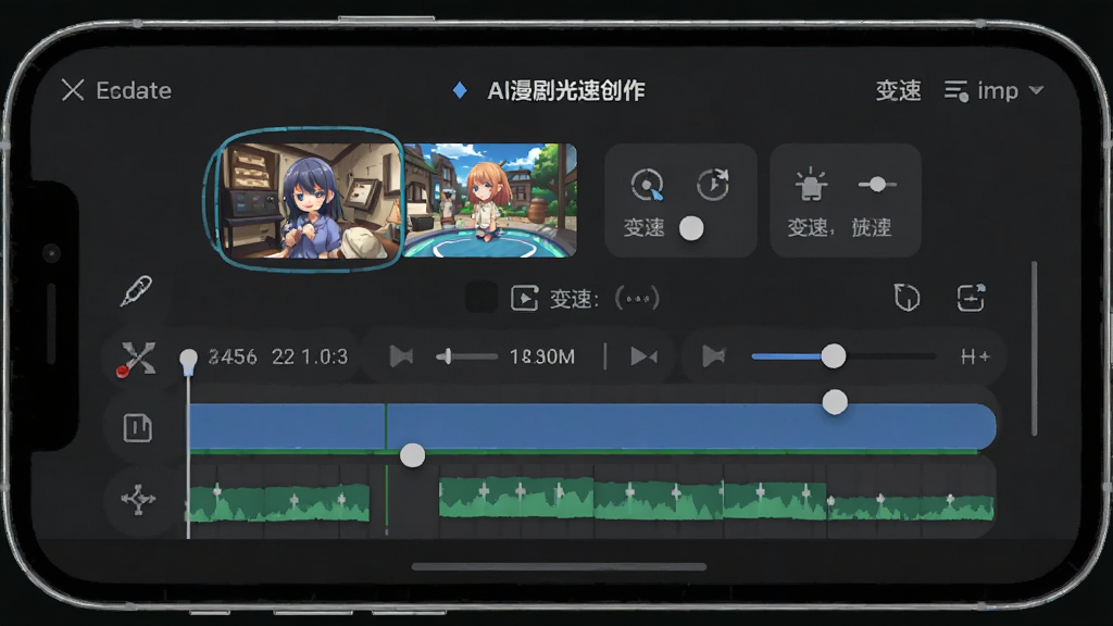 AI漫剧光速创作 剪辑界面,主体为手机屏幕展示视频分割与变速工具栏,布局为上下结构,排版简洁,风格为工具类应用界面,细节包含时间轴与参数调节滑块,画质清晰,干净,无多余元素