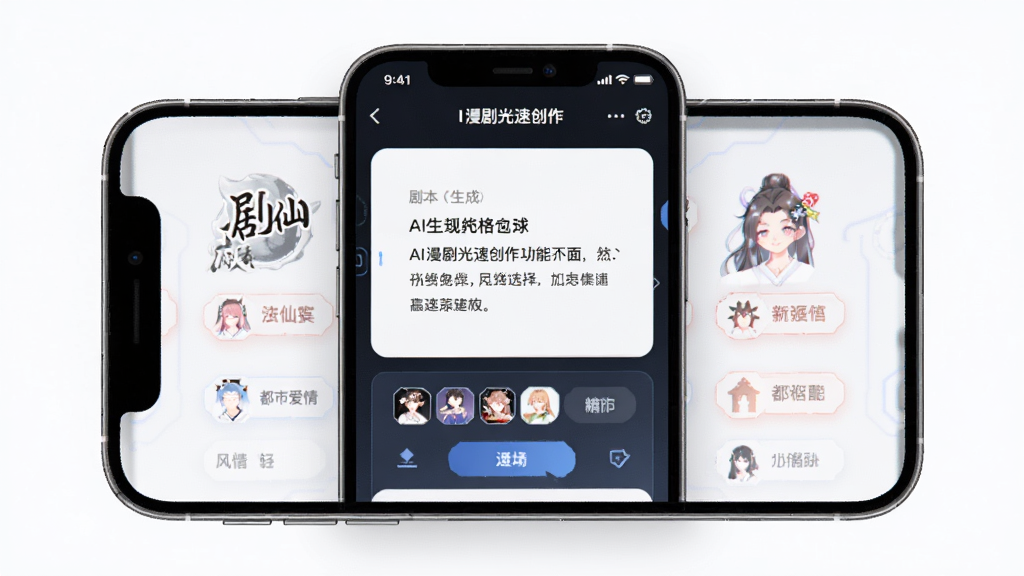 AI漫剧光速创作 功能界面,主体为手机屏幕展示剧本生成与风格选择页面,布局居中,排版清晰,风格为现代科技感,细节包含动漫仙侠、都市爱情等风格标签,画质高清,干净,无多余元素
