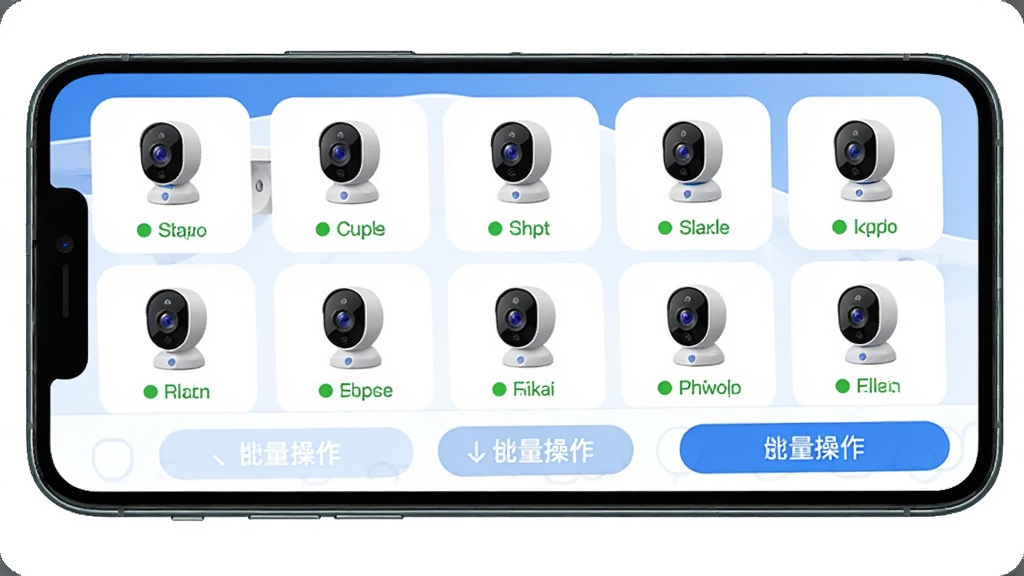 ����APP��ҳ�豸�б����棬��̨��������ͷͼ���������У�ÿ̨�豸��ʾ����״̬���ײ�������������ť�����������£�������ɫ���ֻ���Ļչʾ�����廭�ʣ��ɾ��޶���Ԫ��