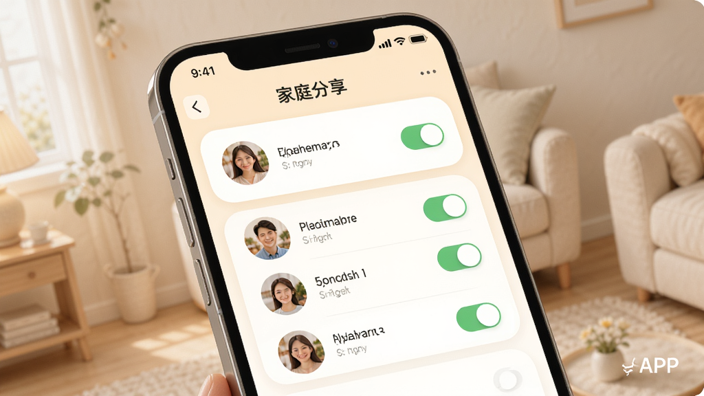 ����APP��ͥ�������棬��ʾ��ͥ��Աͷ���б����豸����Ȩ�޿��أ�������ܰ��ǳɫ������Բ�ǿ�Ƭ��ƣ��ֻ���Ļչʾ�����廭�ʣ��ɾ��޶���Ԫ��