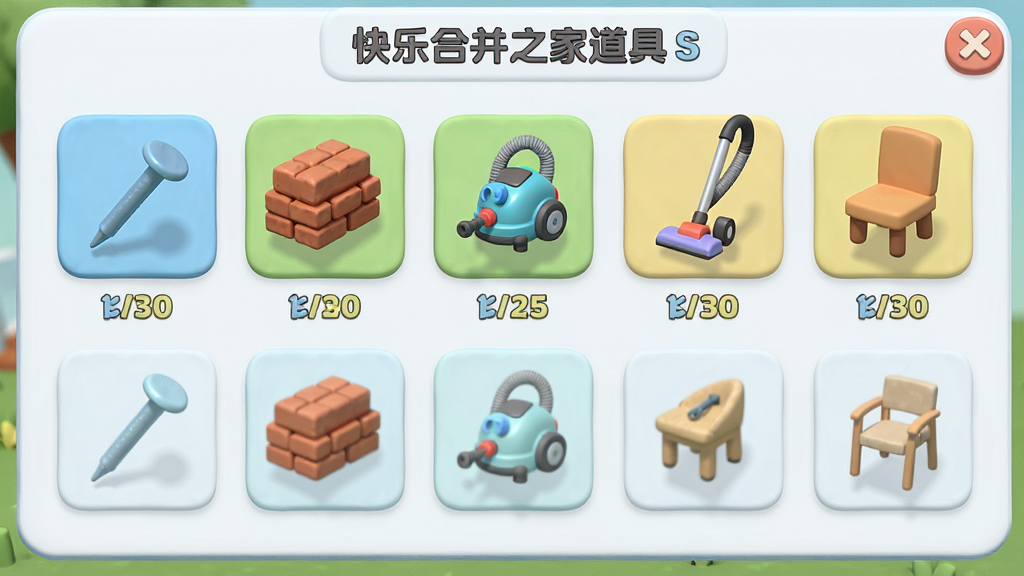 快乐合并之家道具合成界面,展示钉子、砖块、吸尘器、椅子等物品的等级排列,3D渲染风格,图标清晰,背景简洁,画质细腻,干净无多余元素