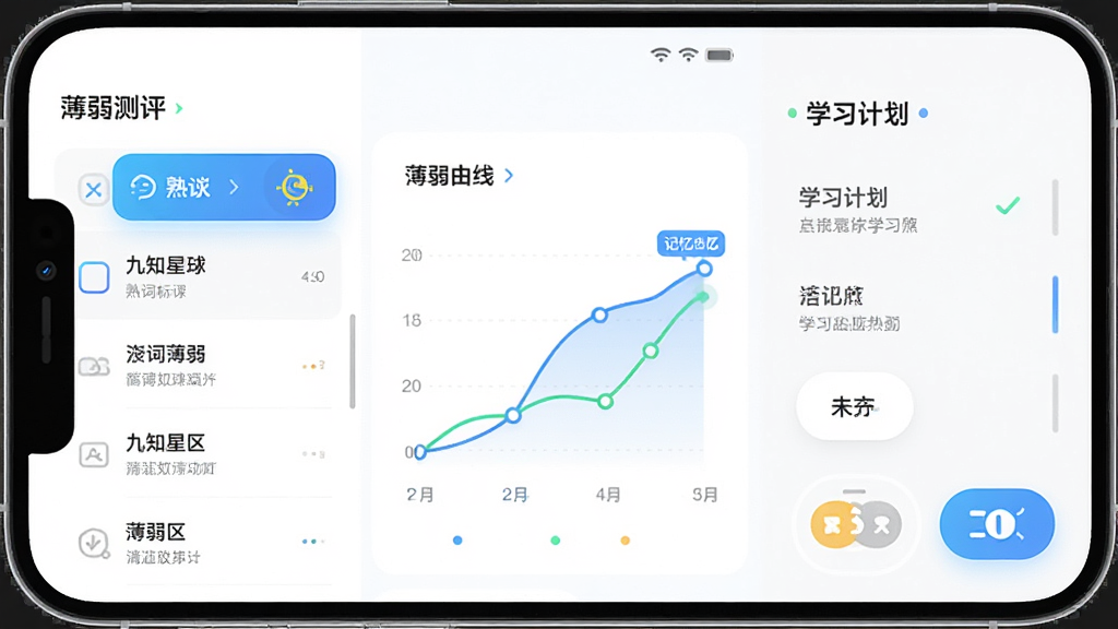 九知星球APP操作界面,主体为手机屏幕显示测评报告和记忆曲线图,布局左侧为薄弱区列表右侧为学习计划,排版整齐,风格清新科技感,细节包含熟词标记按钮和美英音切换图标,画质高清,干净,无多余元素
