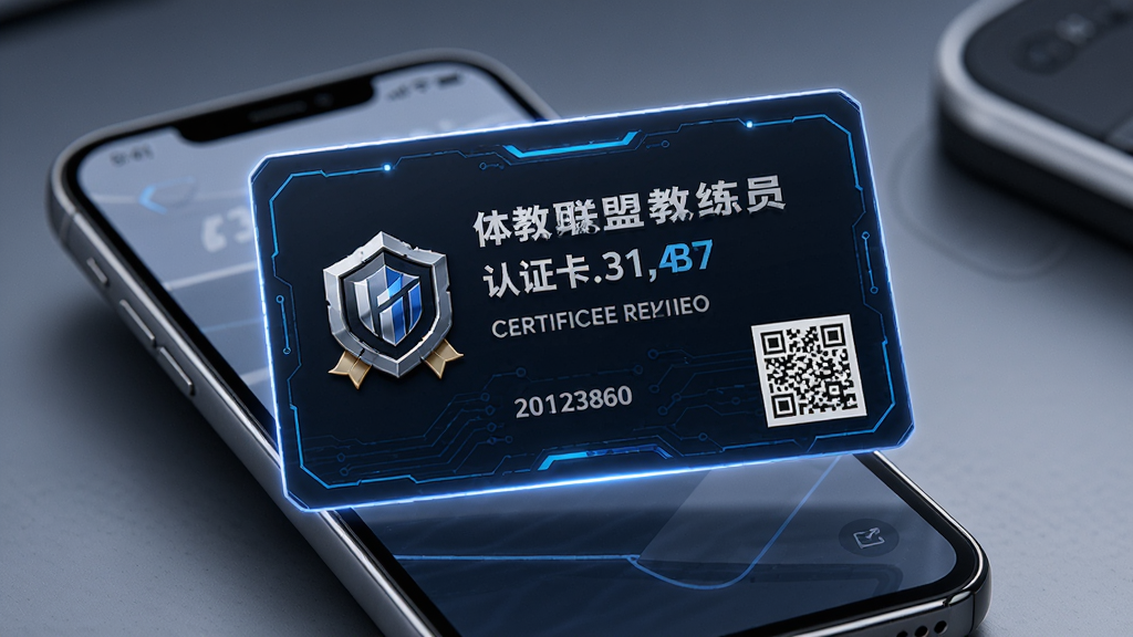 体教联盟教练员认证卡展示,主体为一张酷炫的认证卡片悬浮在手机屏幕上,布局为卡片居中,排版突出认证信息,风格科技感,细节包括徽章和二维码,画质高清,干净,无多余元素