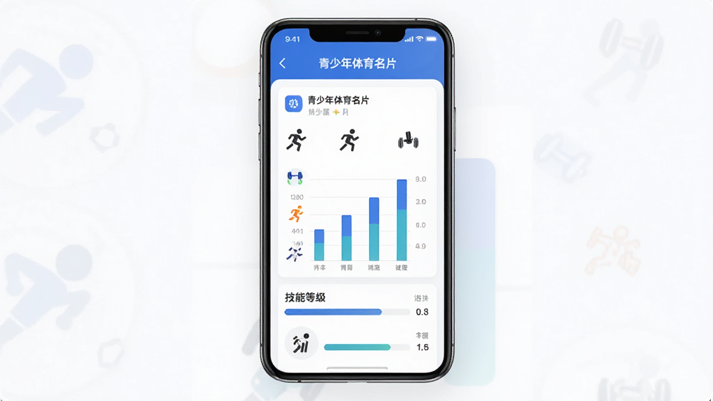 体教联盟软件界面展示,主体为手机屏幕中显示青少年体育名片和技能等级图表,布局居中,排版清晰,风格简洁现代,细节包括运动图标和进度条,画质高清,干净,无多余元素