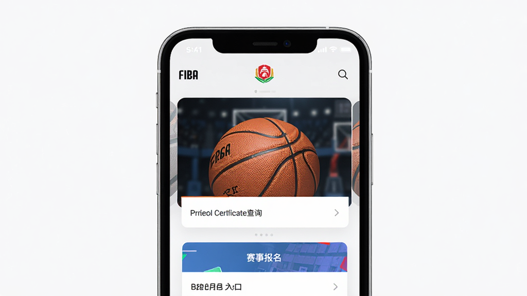 FIBA篮球应用首页展示官方证书查询与赛事报名入口,主体为手机屏幕界面,布局居中,排版清晰,风格简洁运动,细节包含篮球元素与官方标识,画质高清,干净无多余元素