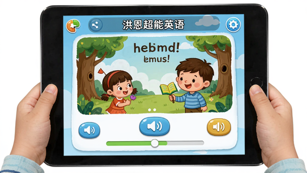 �������Ӣ��App�Ķ�����չʾ������Ϊ��ͯ�ֳ�ƽ����Թۿ�Ӣ�Ĺ��£�����Ϊ���д�ͼ���Ű����������Ϊ������ͨ�����磬ϸ�ڰ������²�ͼ��������ť�ͽ����������ʸɾ��޶���Ԫ��