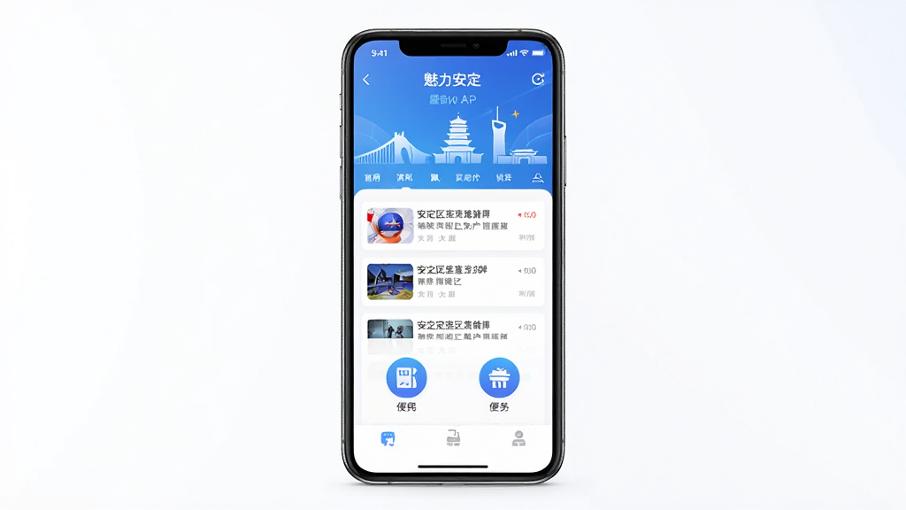 魅力安定APP界面展示,手机屏幕中显示新闻资讯列表和便民服务图标,主体为一部智能手机居中放置,布局简洁大方,排版清晰,风格现代科技感,细节包含安定区地标建筑剪影,画质高清,干净,无多余元素