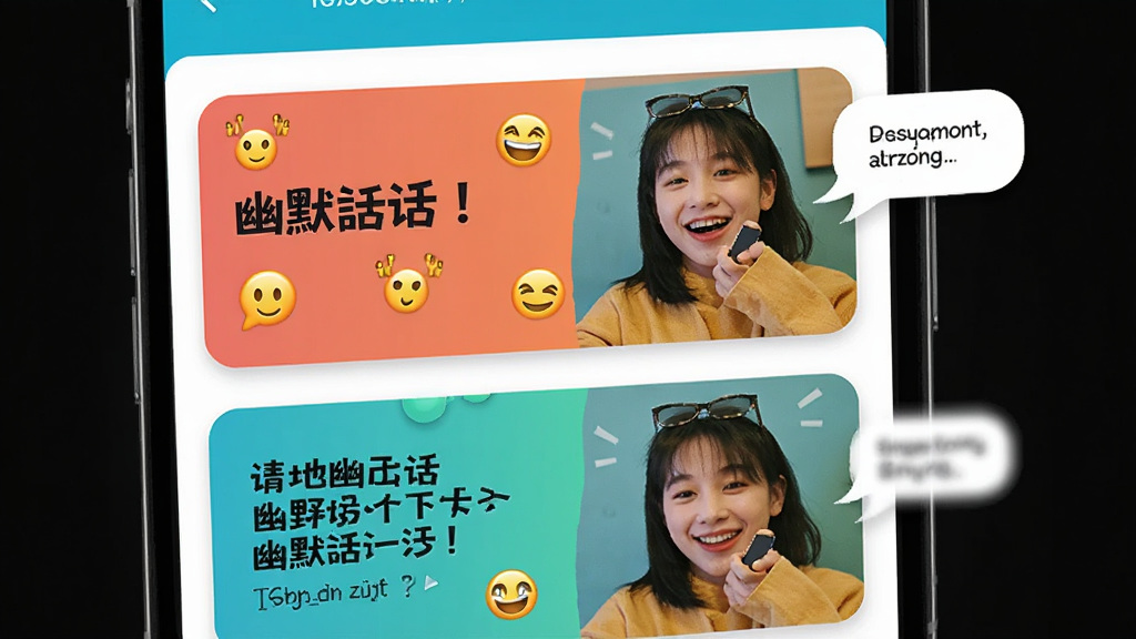 local幽默话术功能展示图,主体为手机应用内幽默话术列表页面,布局为纵向滚动卡片式排列,排版左文右图,风格活泼明快配色,细节有表情符号点缀和对话气泡元素,画质清晰干净无多余元素