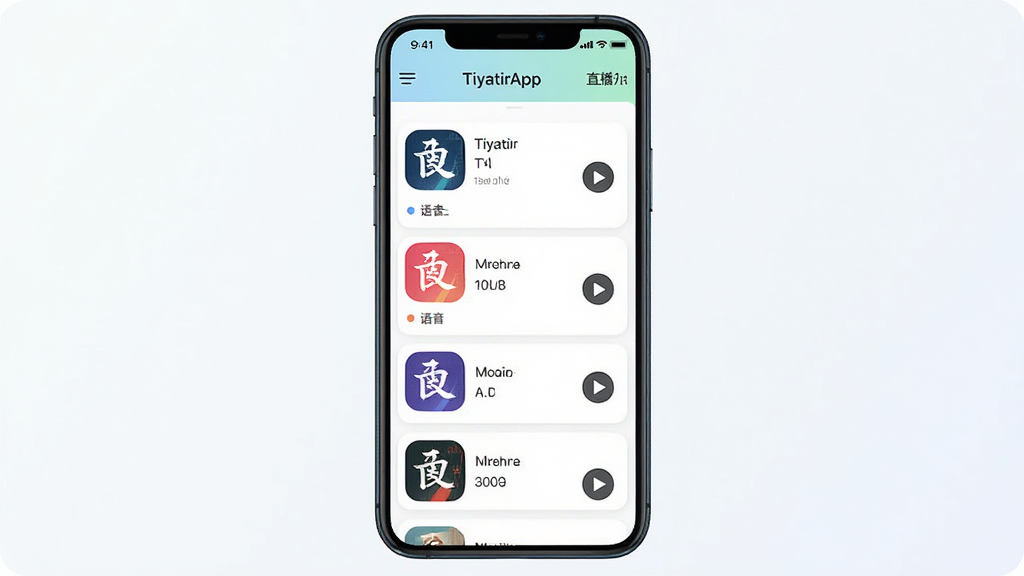TiyatirApp 软件界面展示,手机屏幕中显示语音小说和直播分类列表,主体为一部竖屏手机,布局居中,排版简洁,风格清新现代,细节包含彩色频道图标和播放按钮,画质清晰,干净,无多余元素