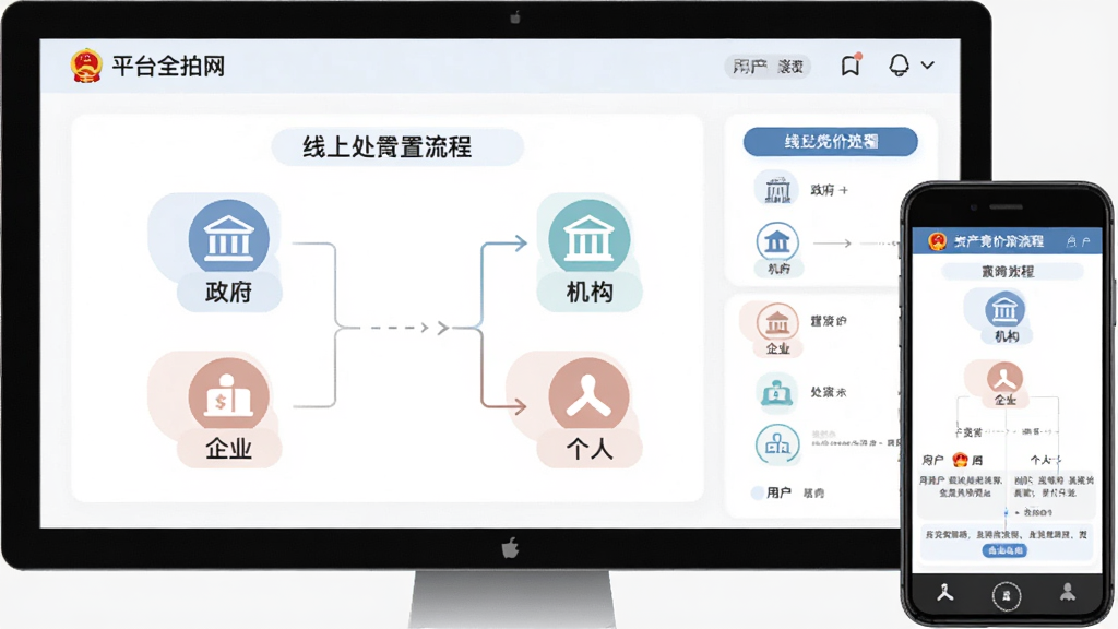 全拍网平台电脑端与手机端同步展示资产处置流程界面,主体为线上竞价流程图,布局为左右分栏,排版规整,风格为商务简约风,细节包含政府、机构、企业、个人四类用户图标,画质清晰,干净,无多余元素