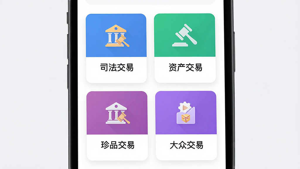 手机屏幕中显示全拍网应用界面,主体为四个竞价交易板块图标,布局为上下排列的卡片式结构,排版简洁清晰,风格为现代扁平化科技风,细节包含司法交易、资产交易、珍品交易、大众交易文字标签,画质高清,干净,无多余元素