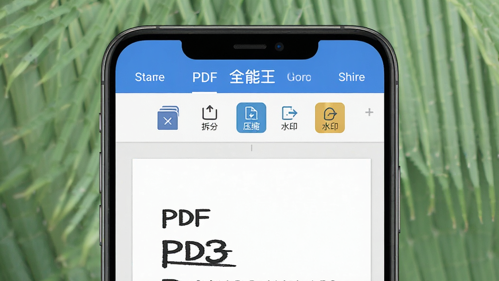 PDF�༭ȫ������������չʾ������Ϊ�ֻ���Ļ����ʾPDF�ĵ��༭����ҳ�棬����Ϊ���½ṹ���Ϸ�Ϊ���ܵ��������·�Ϊ�ĵ��༭�����Ű������������Ϊ�ִ���ƽ����ƣ�ϸ�ڰ����ϲ�����֡�ѹ����ˮӡ��ͼ�갴ť�����ʸ��壬�ɾ����޶���Ԫ��